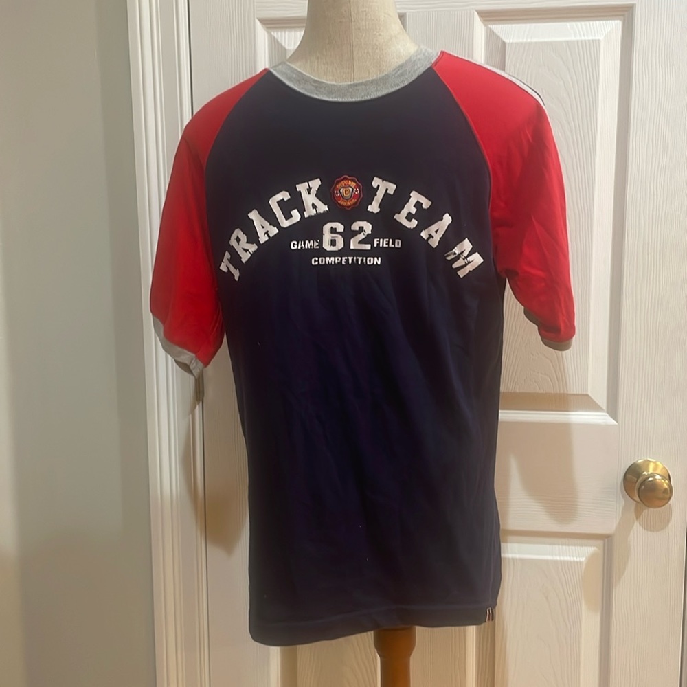 Bugle Boy track team short sleeve top cotton red white navy blue boys size 18